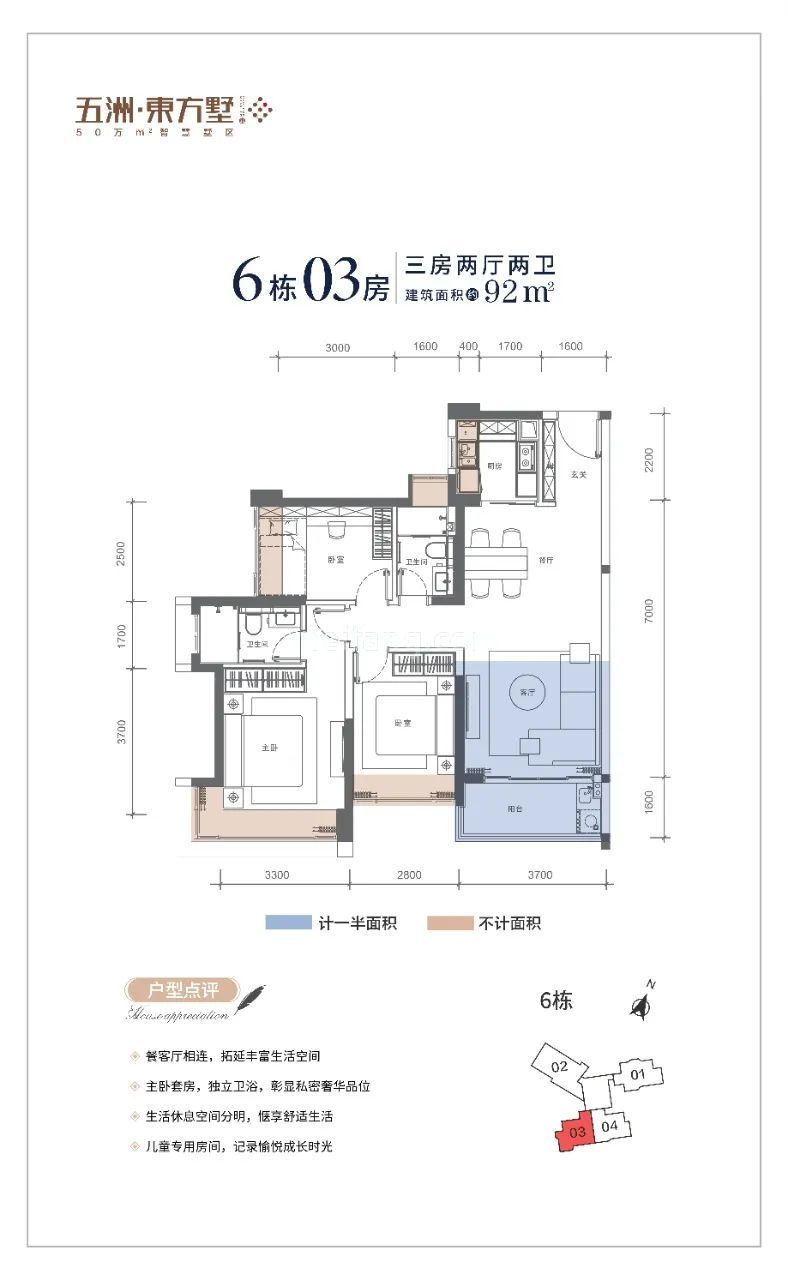 洋房 6栋03户型 3房2厅2卫 建面92㎡