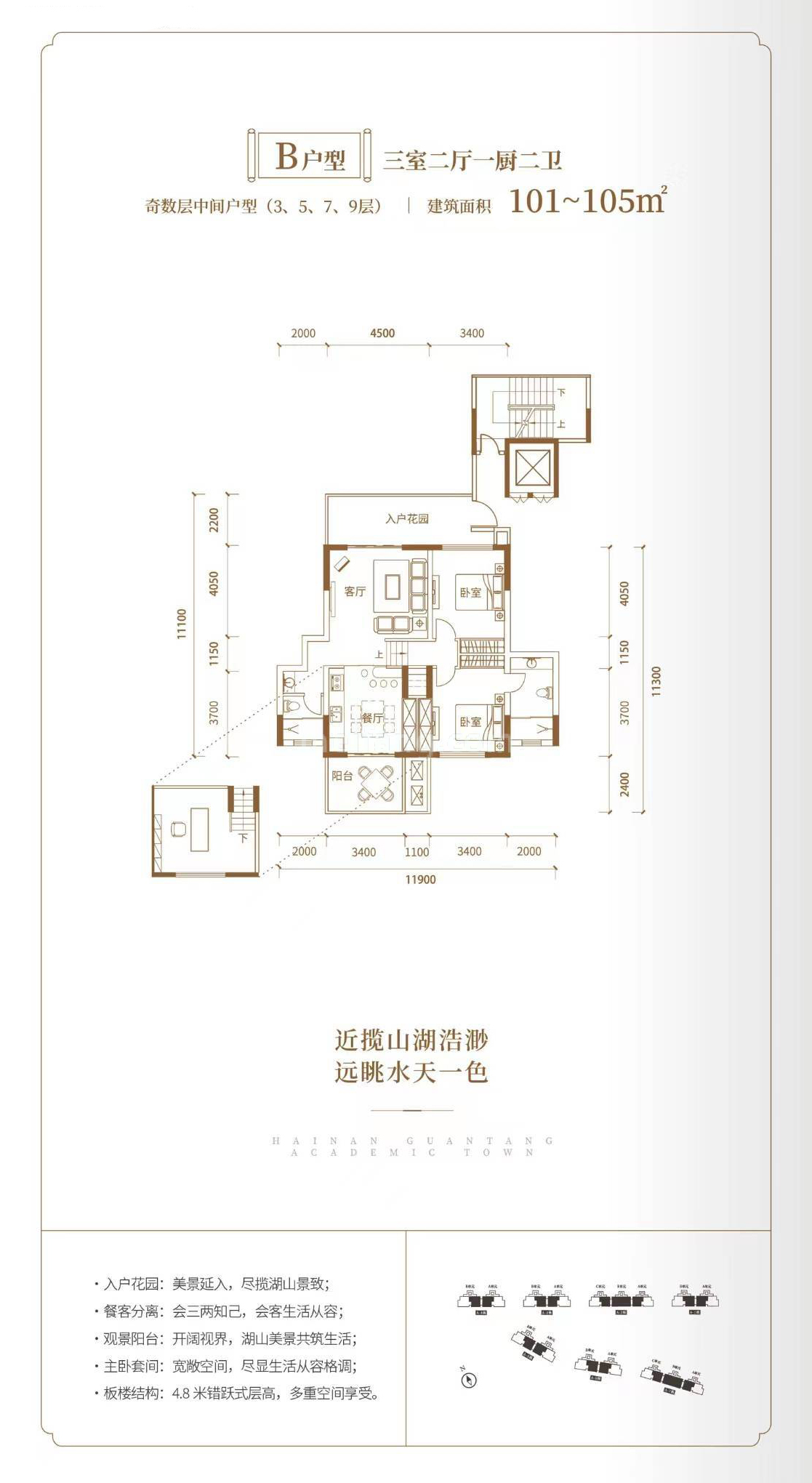跃层洋房 B户型 3室2厅2卫 建面101-105㎡