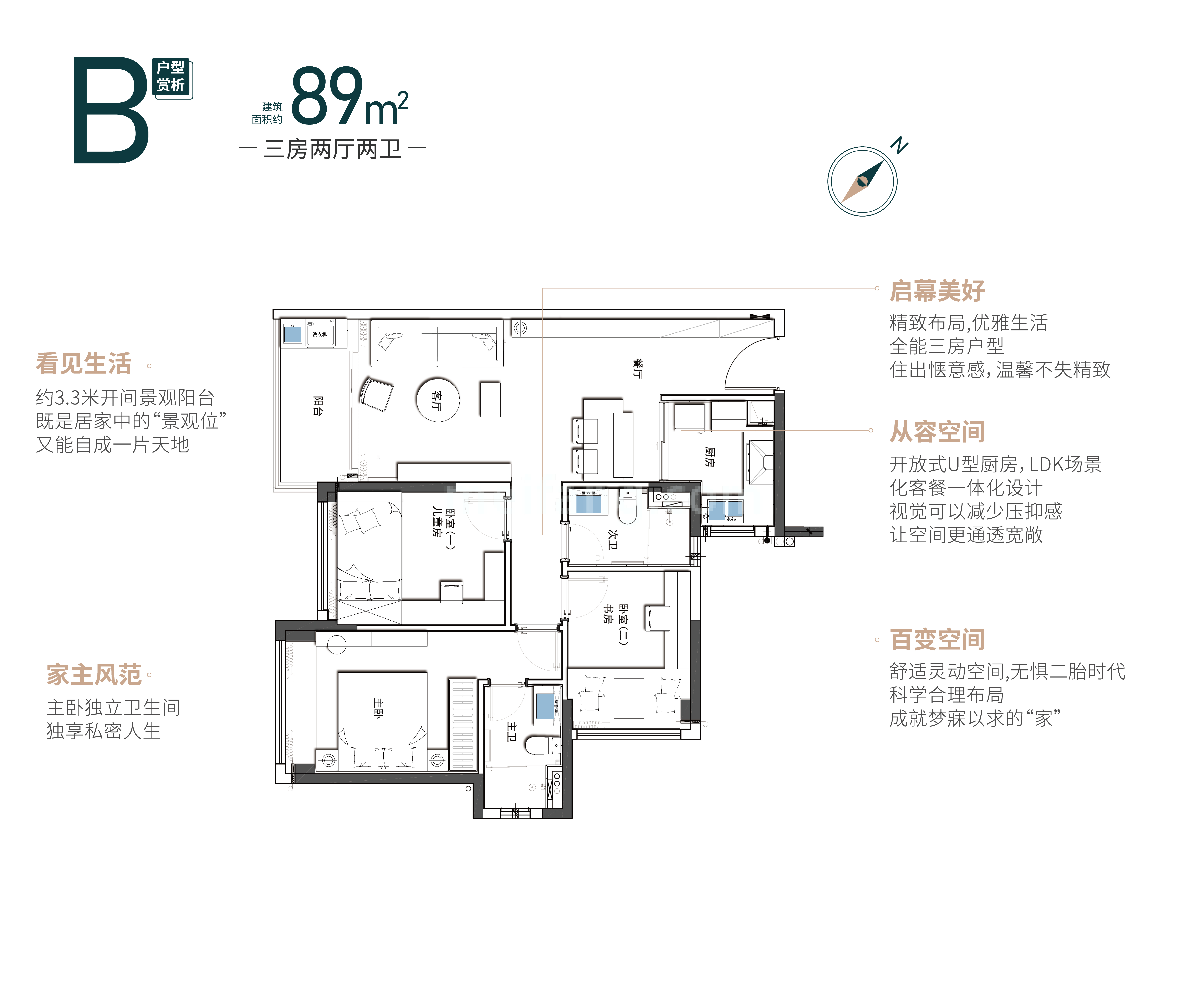 高层 B户型 3房2厅1卫 建面89㎡