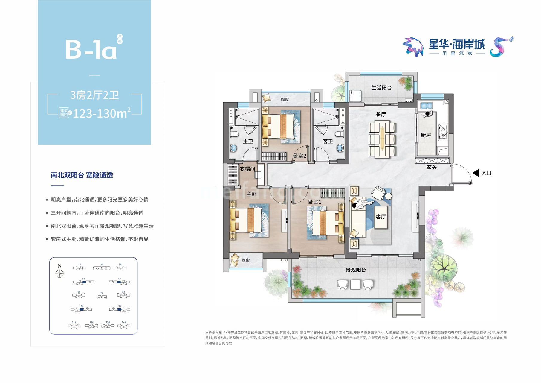 高层 B-1a户型 3房2厅2卫 建面123-130㎡