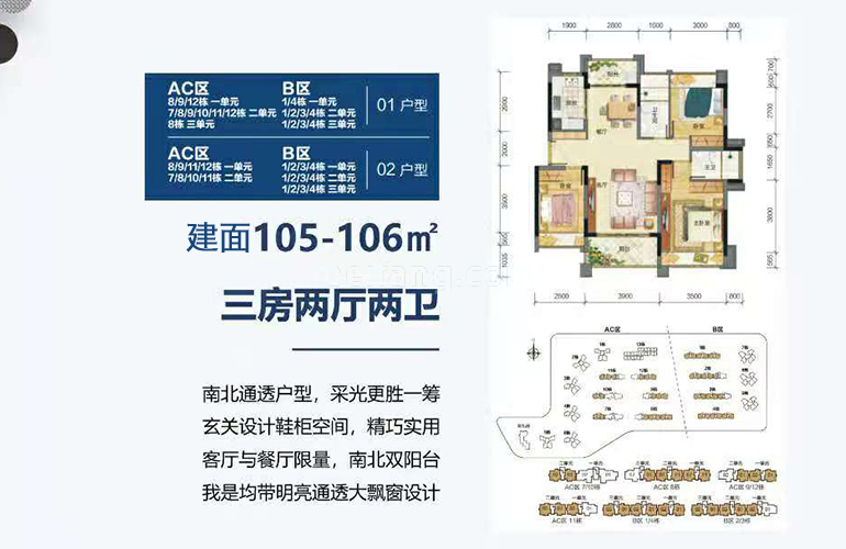 高层 105-106户型 三房两厅两卫一厨 建筑面积106㎡