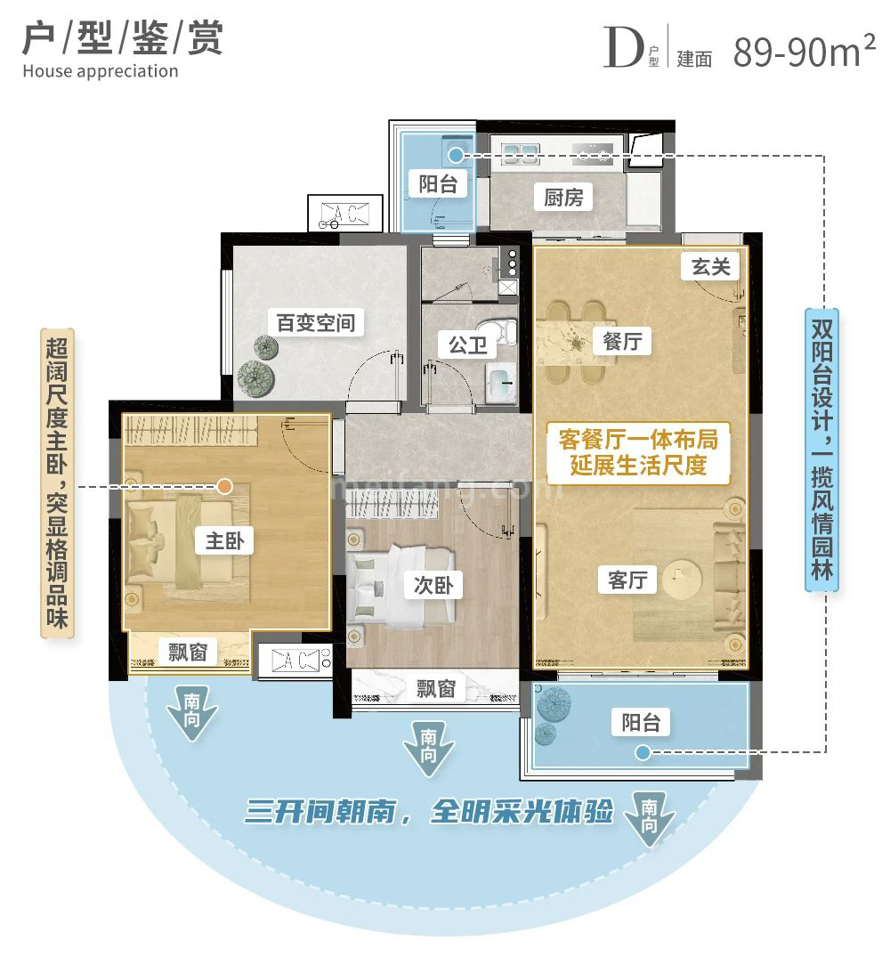 高层 D户型 3房2厅1卫 建面89-90㎡