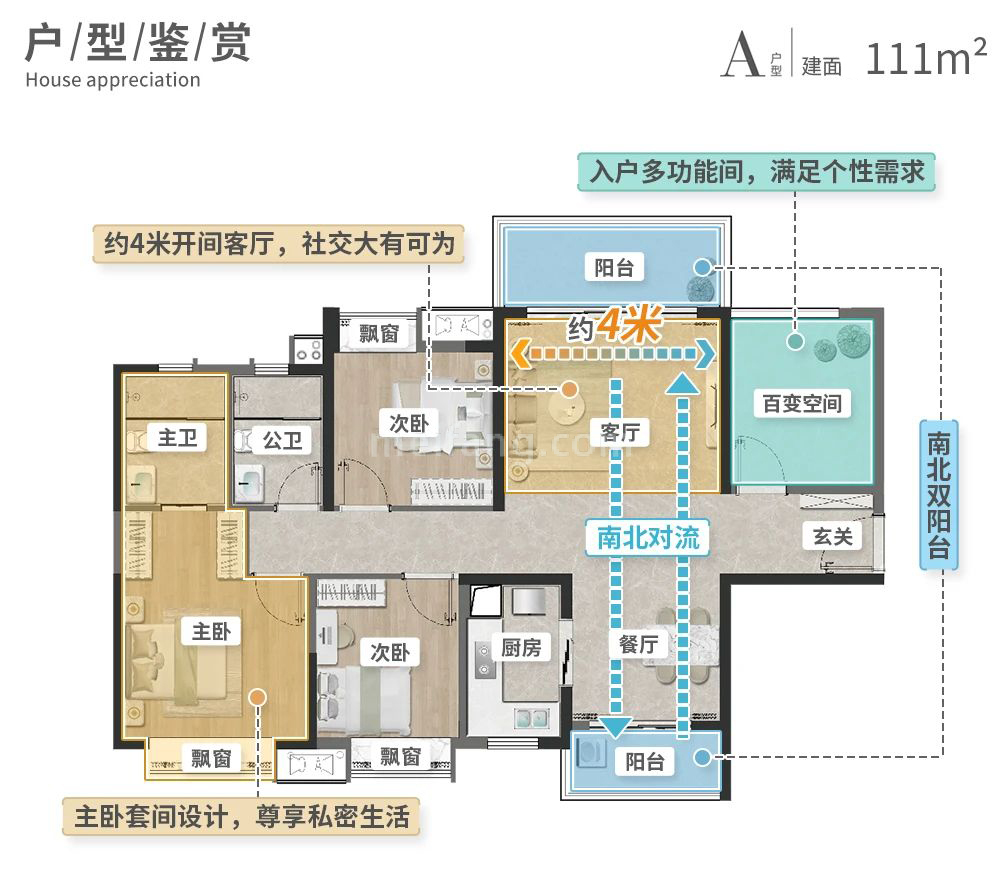 高层 A户型 4房2厅2卫 建面111㎡