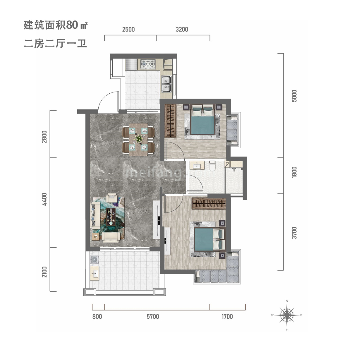 高层 2室2厅1卫 建面80㎡