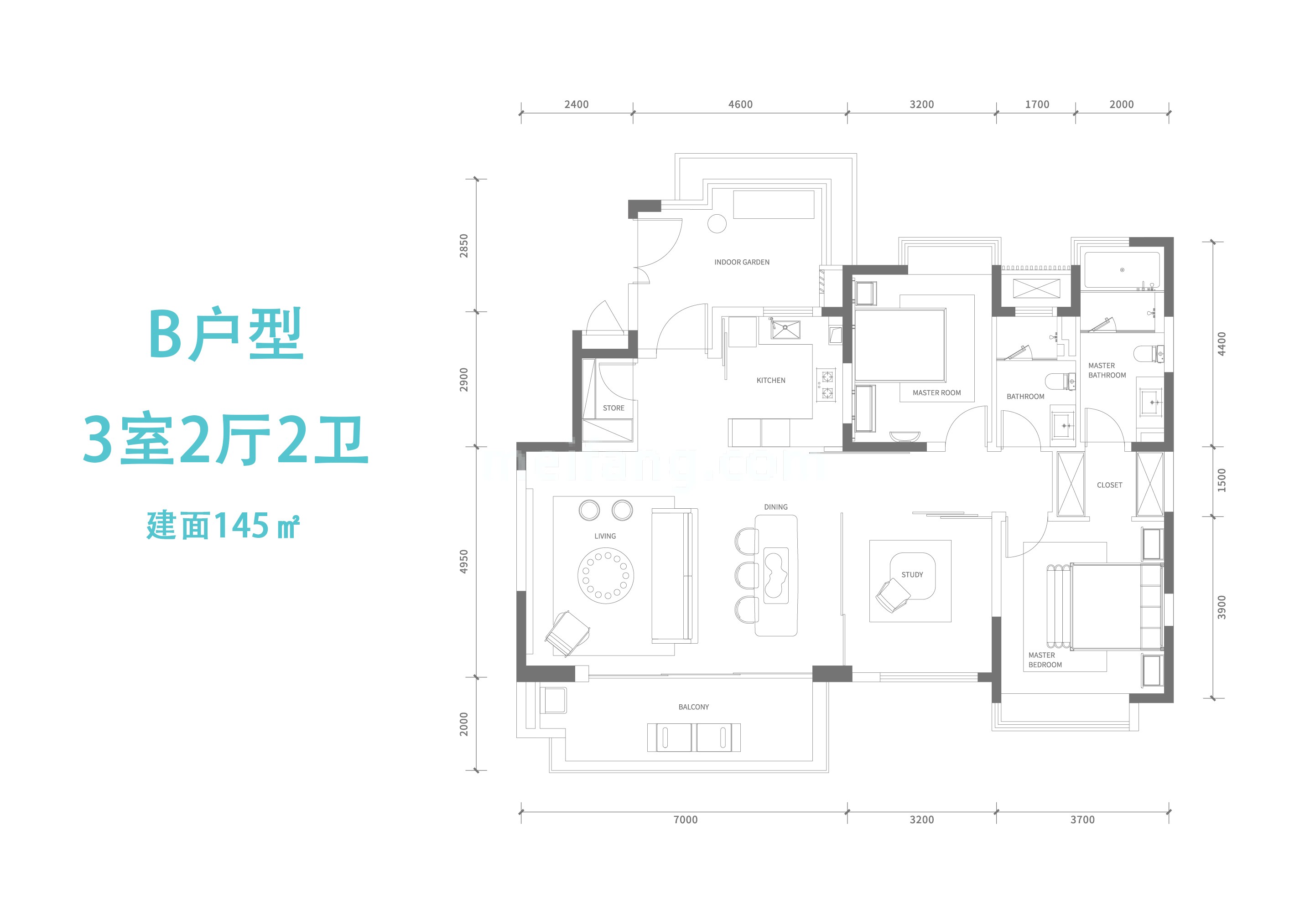 江东麓岛洋房 B户型 3房2厅2卫 建面145㎡
