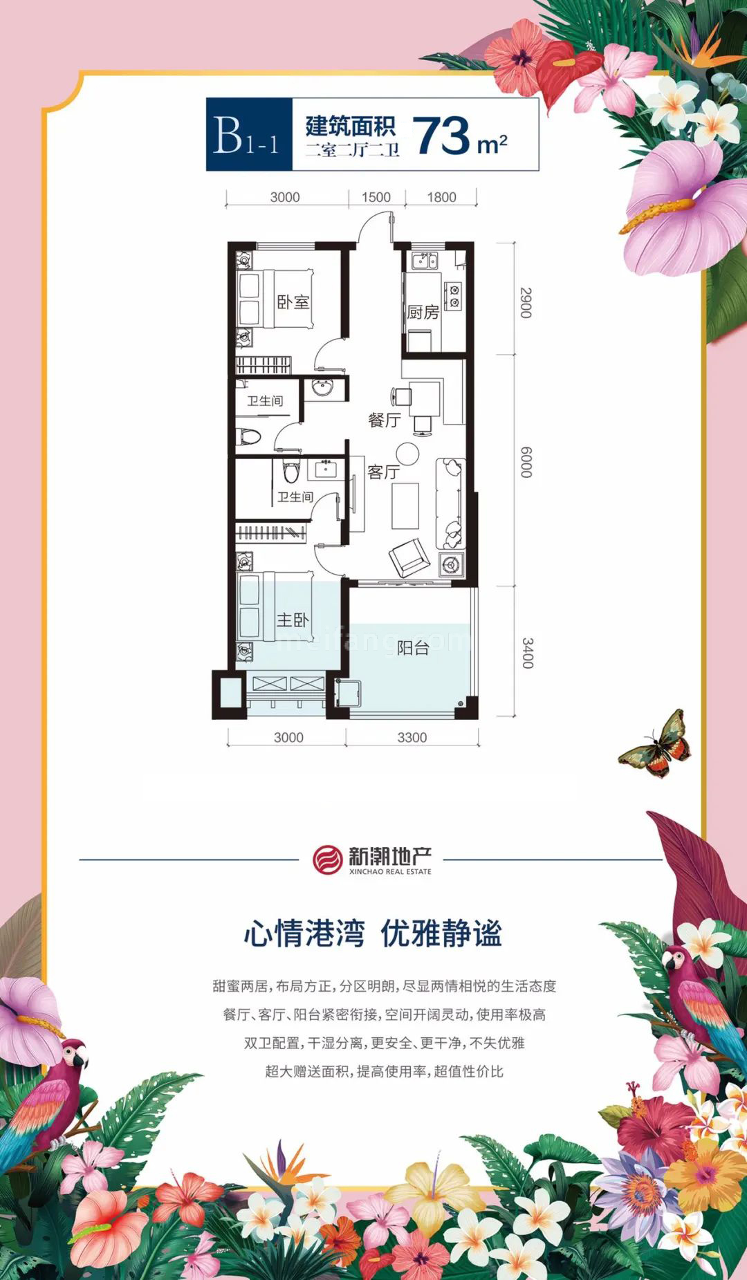 洋房 B1-1户型 建筑面积 73㎡ 二室二厅二卫