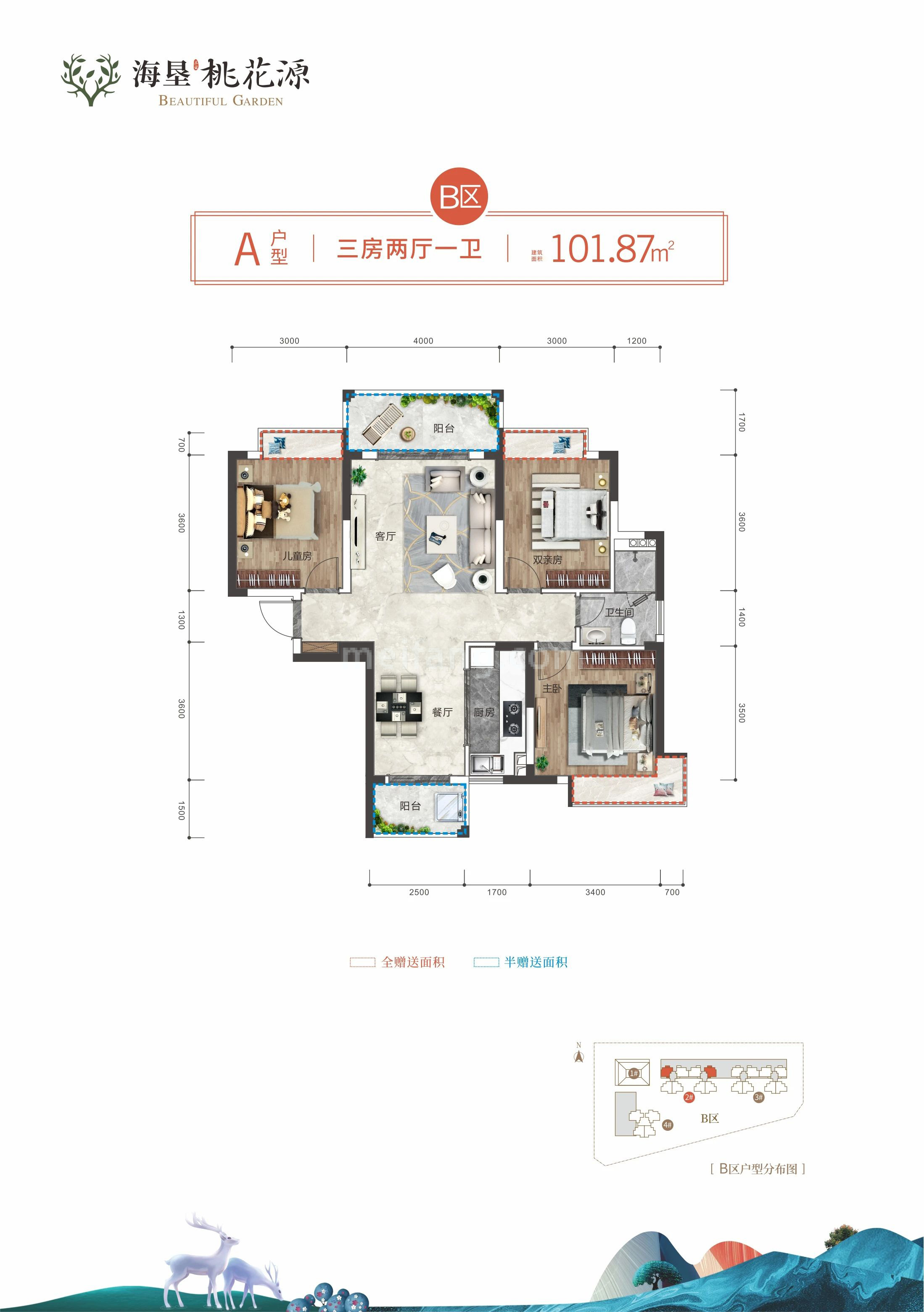 高层 B区 A户型 3房2厅1卫 建筑面积101.87㎡