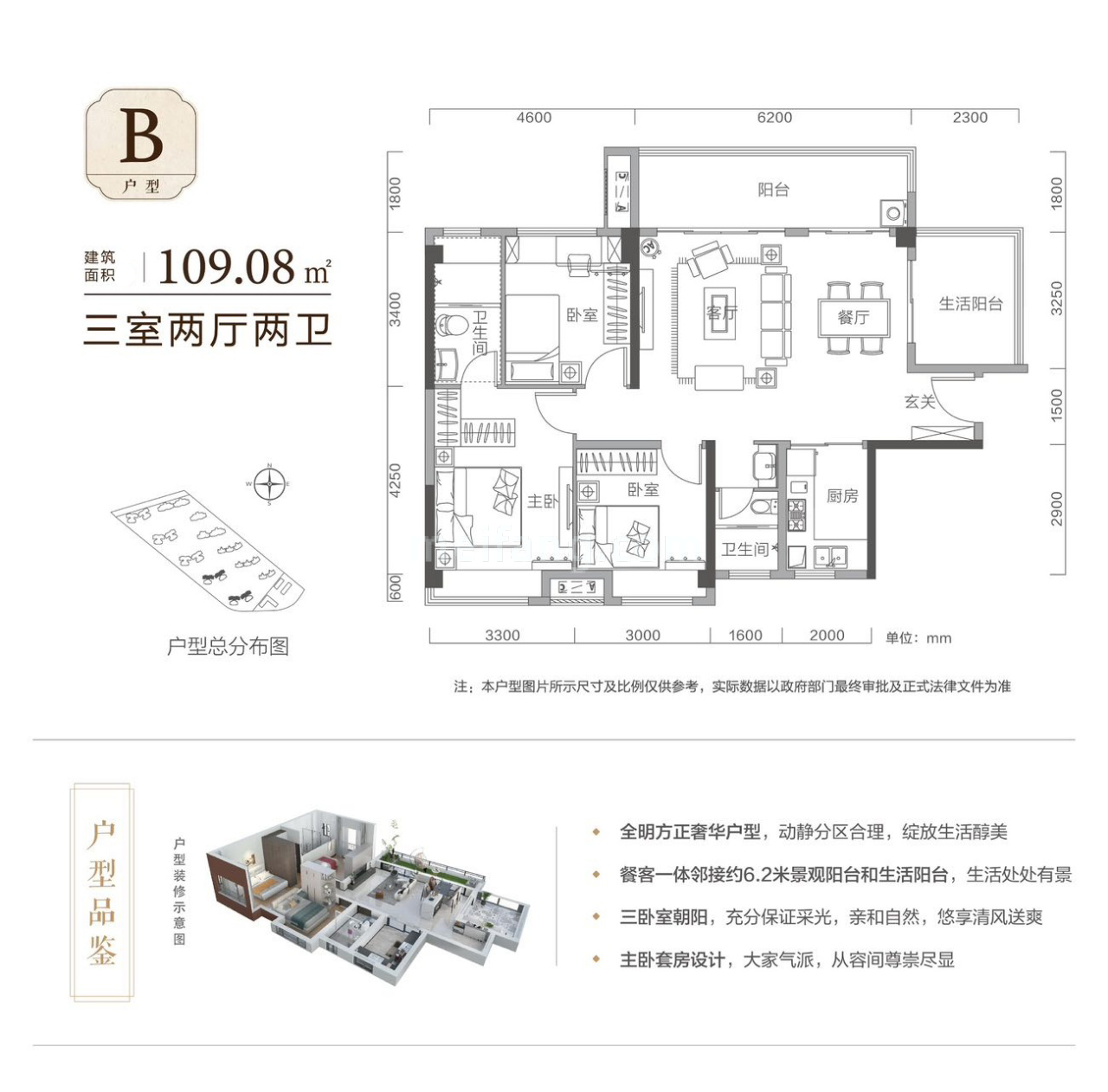 高层 B户型 3房2厅2卫 建面109.08㎡