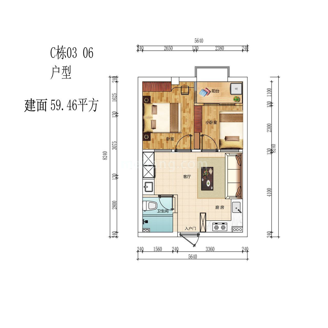 高层 2房1厅1卫 建面59㎡