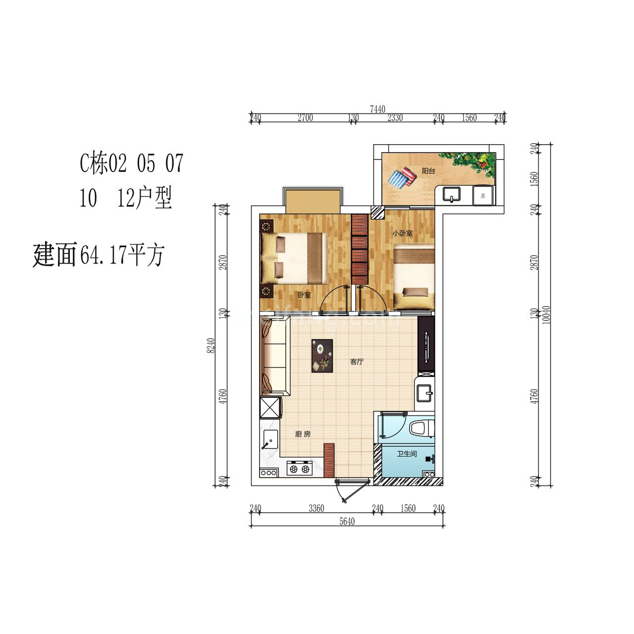 高层 2房1厅1卫 建面64㎡