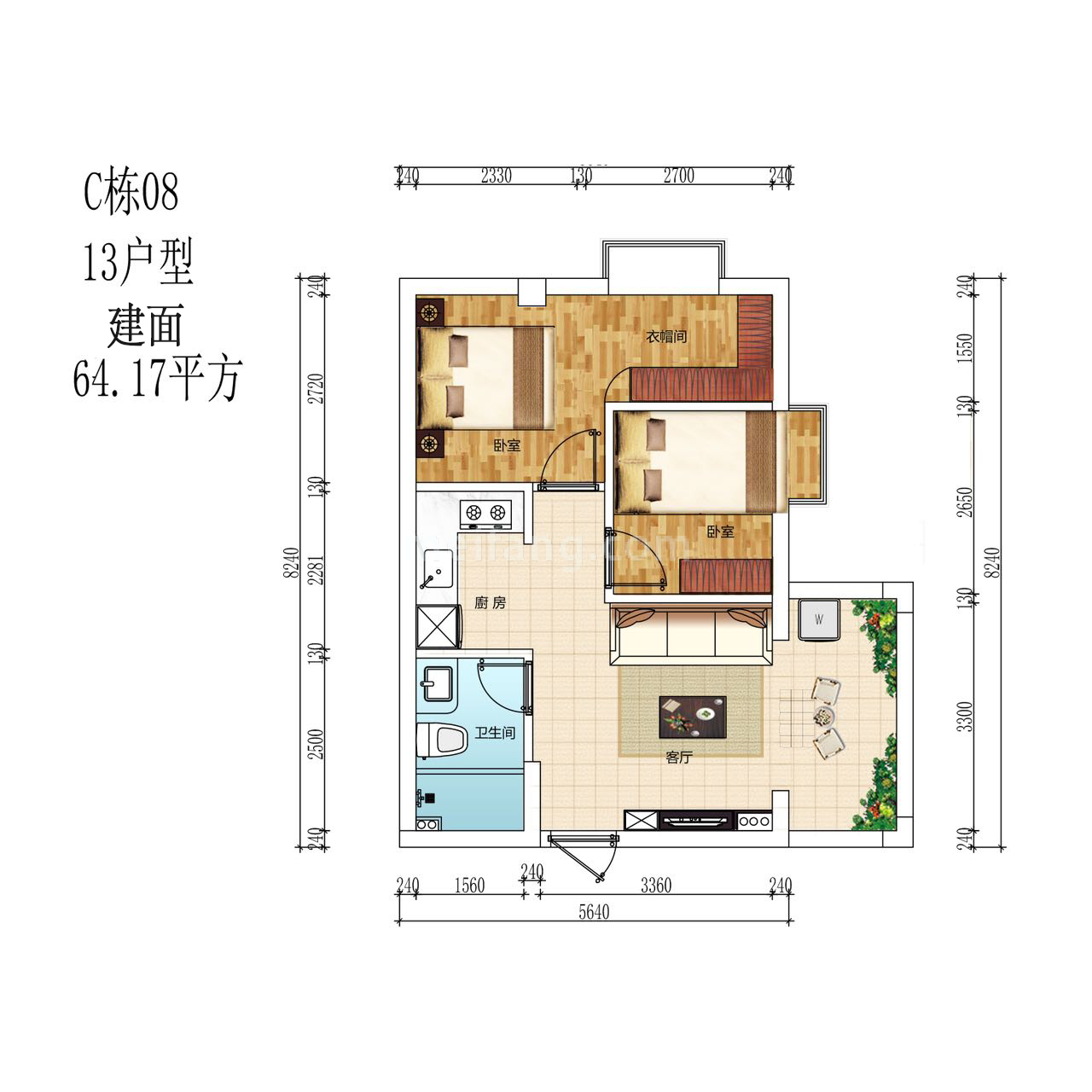 高层 2房2厅1卫 建面64㎡