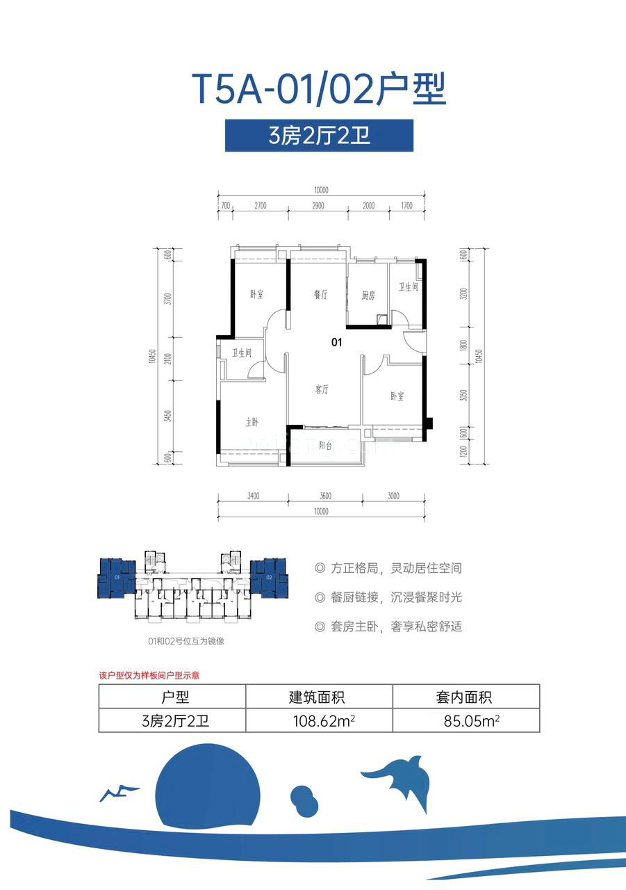 清水湾蔚蓝星宸高层 T5A-01/02户型  3房2厅2卫 建筑面积 108.62㎡