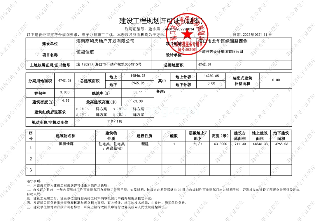 恒福佳庭建设工程规划许可证副本