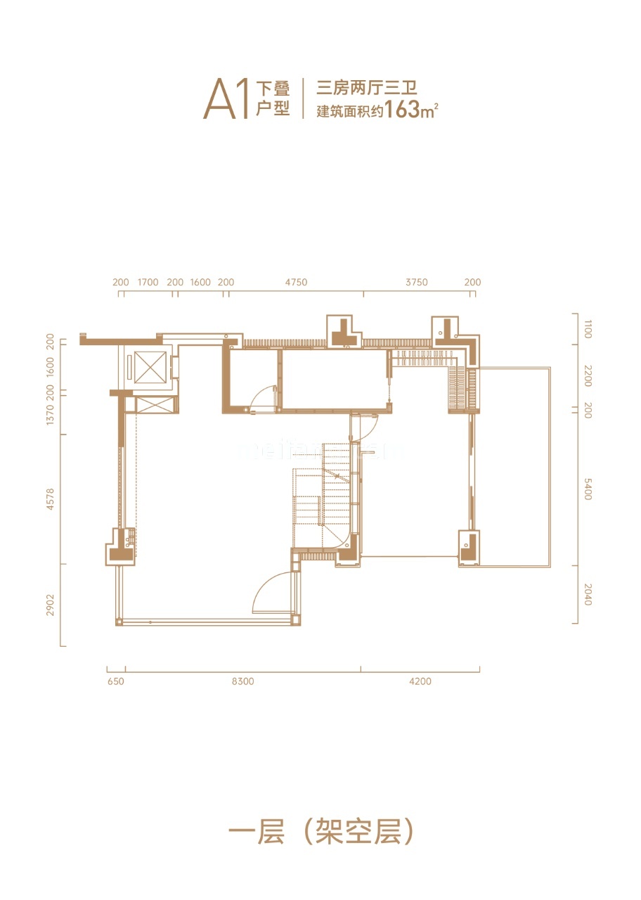 叠墅 A户型三房两厅三卫一层