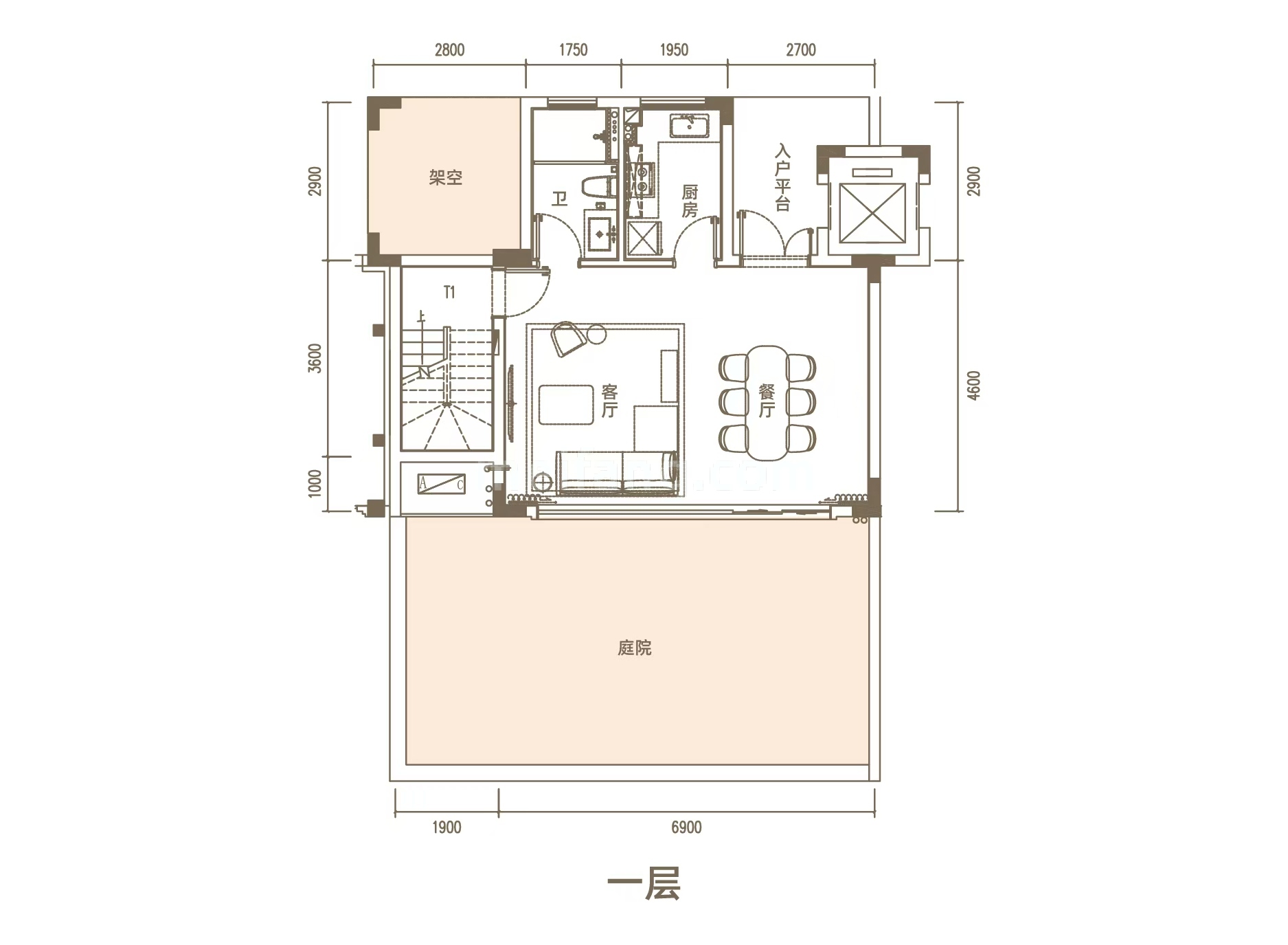叠墅 A1户型 三房两厅三卫 建面约116㎡ 一层