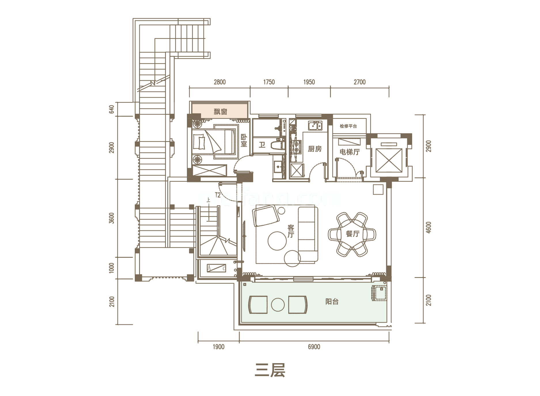 叠墅 A2户型 三房两厅三卫 建面约134㎡ 三层