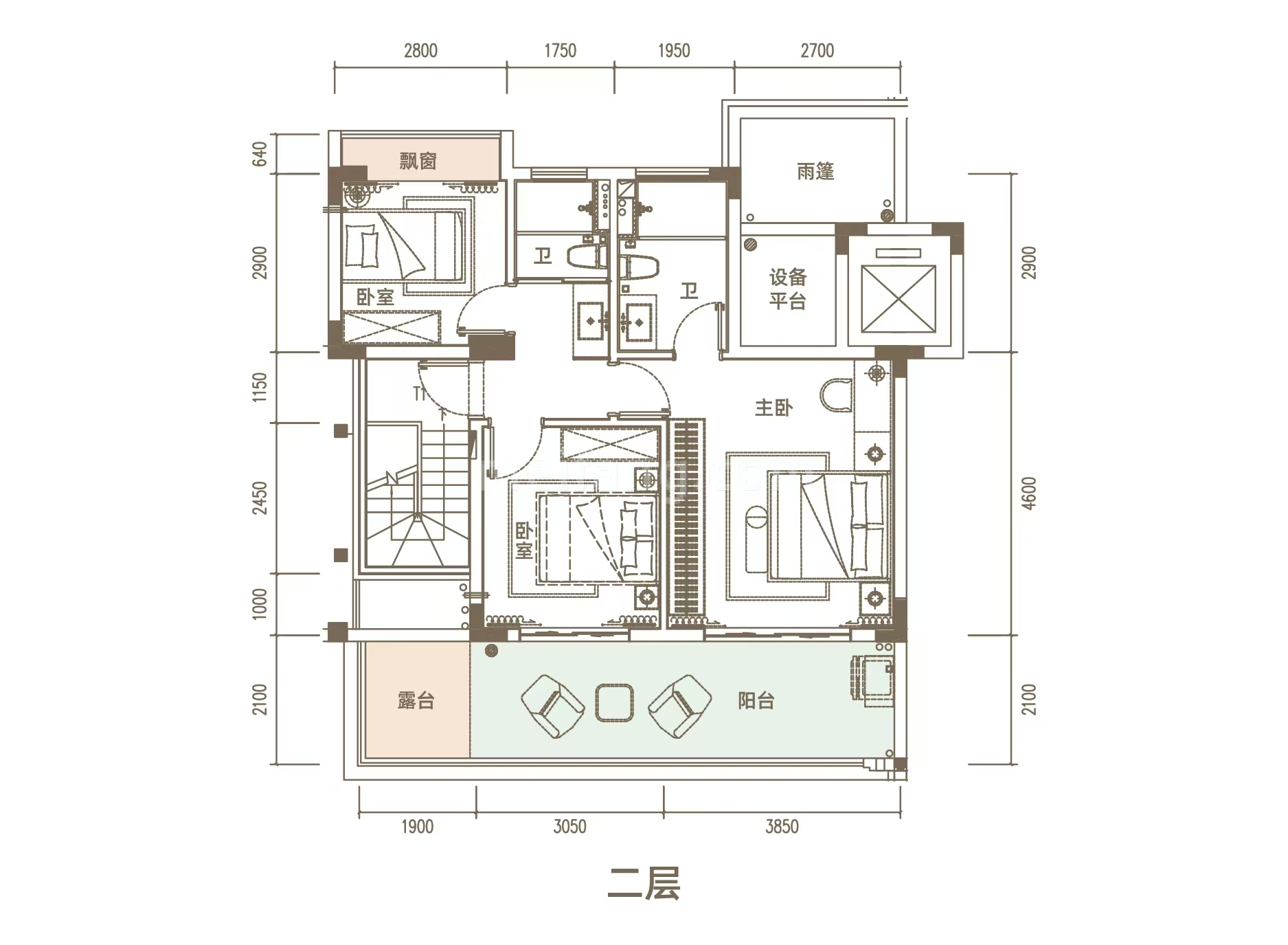 叠墅 A1户型 三房两厅三卫 建面约116㎡ 二层