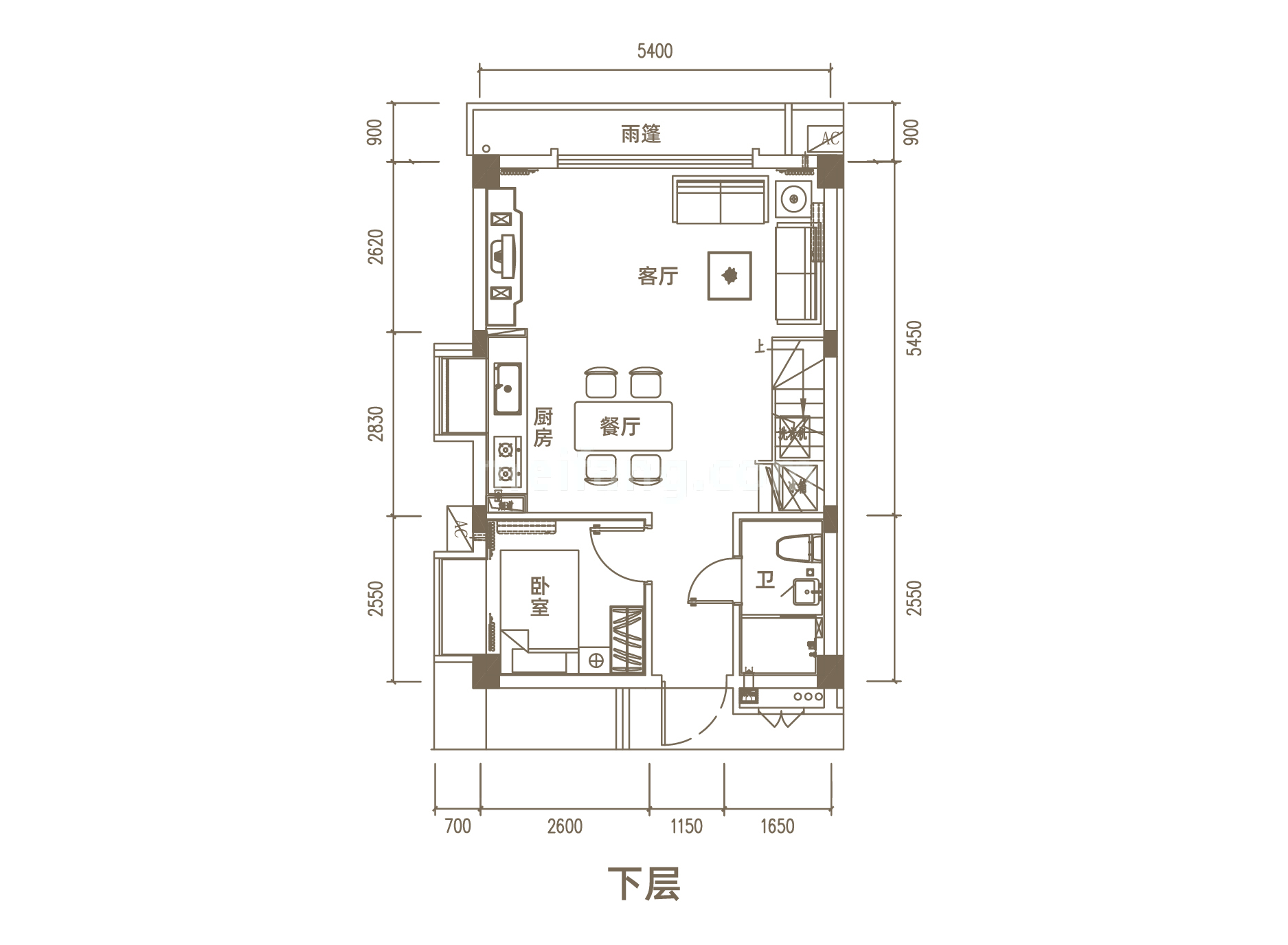 loft C1户型 三房两厅两卫 建面约64㎡ 下层