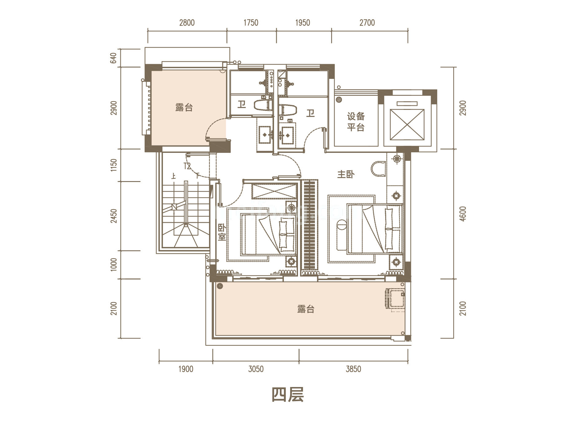 叠墅 A2户型 三房两厅三卫 建面约134㎡ 四层