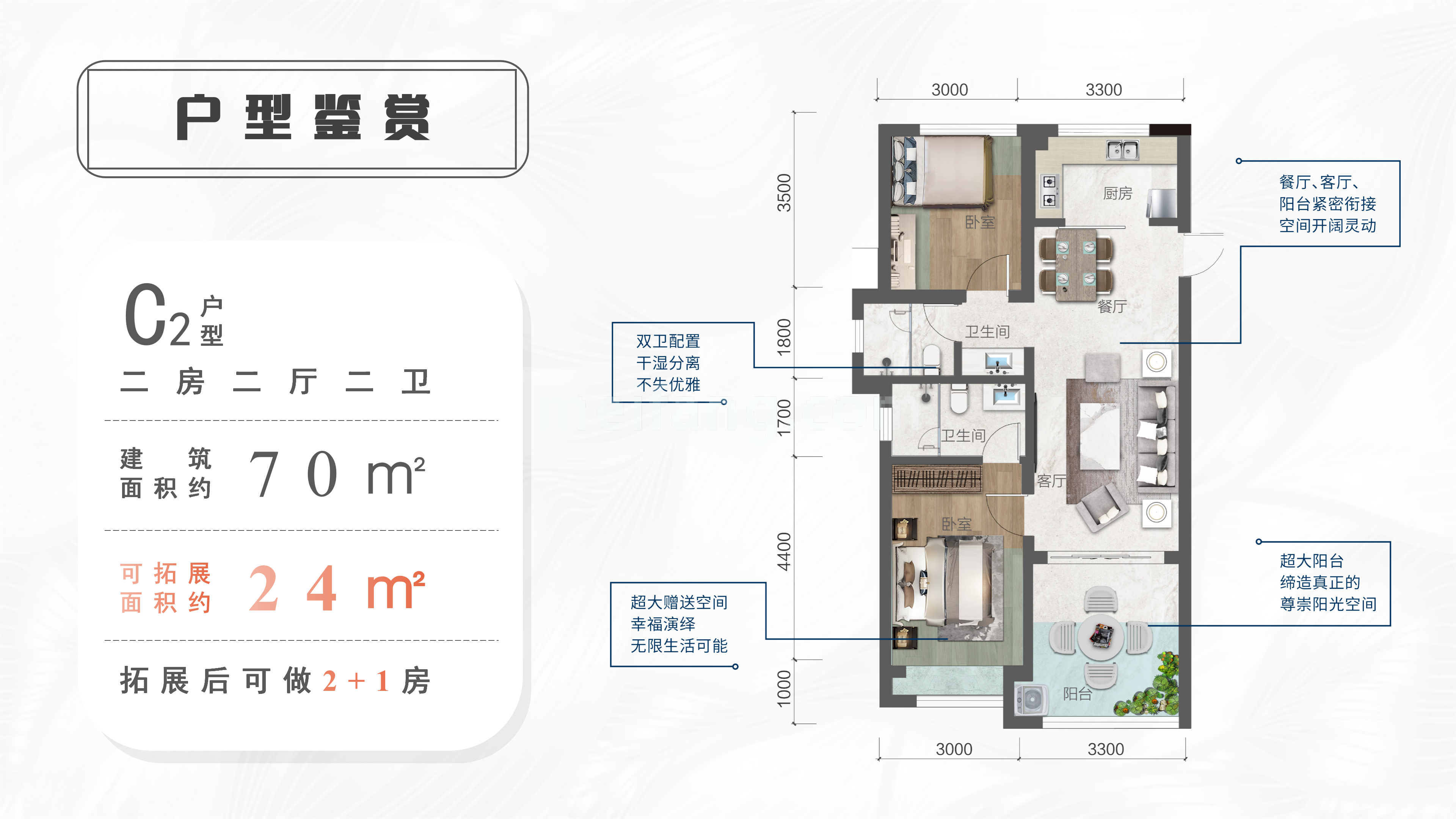 洋房 C2户型 建筑面积 70㎡ 二室一厅二卫