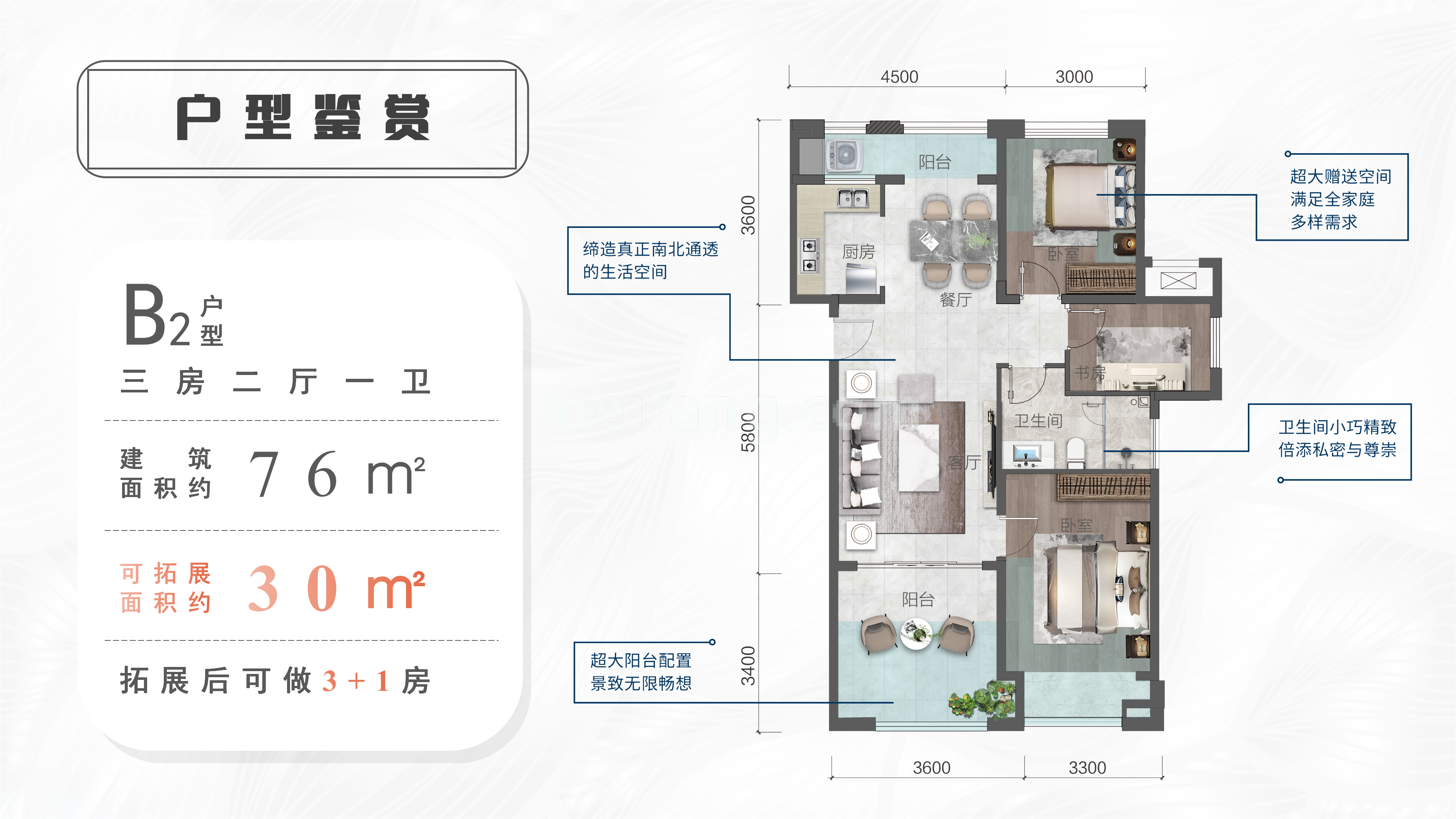 洋房 B2户型 建筑面积 76㎡ 三室二厅一卫