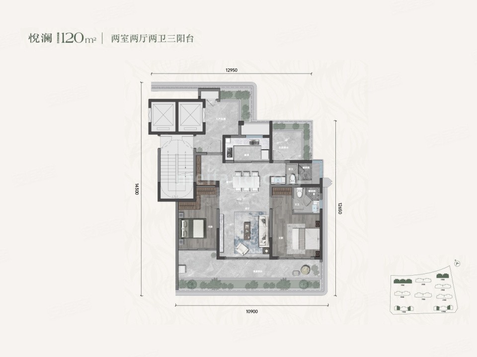 小高层 建面约120㎡两房两厅两卫（悦澜）