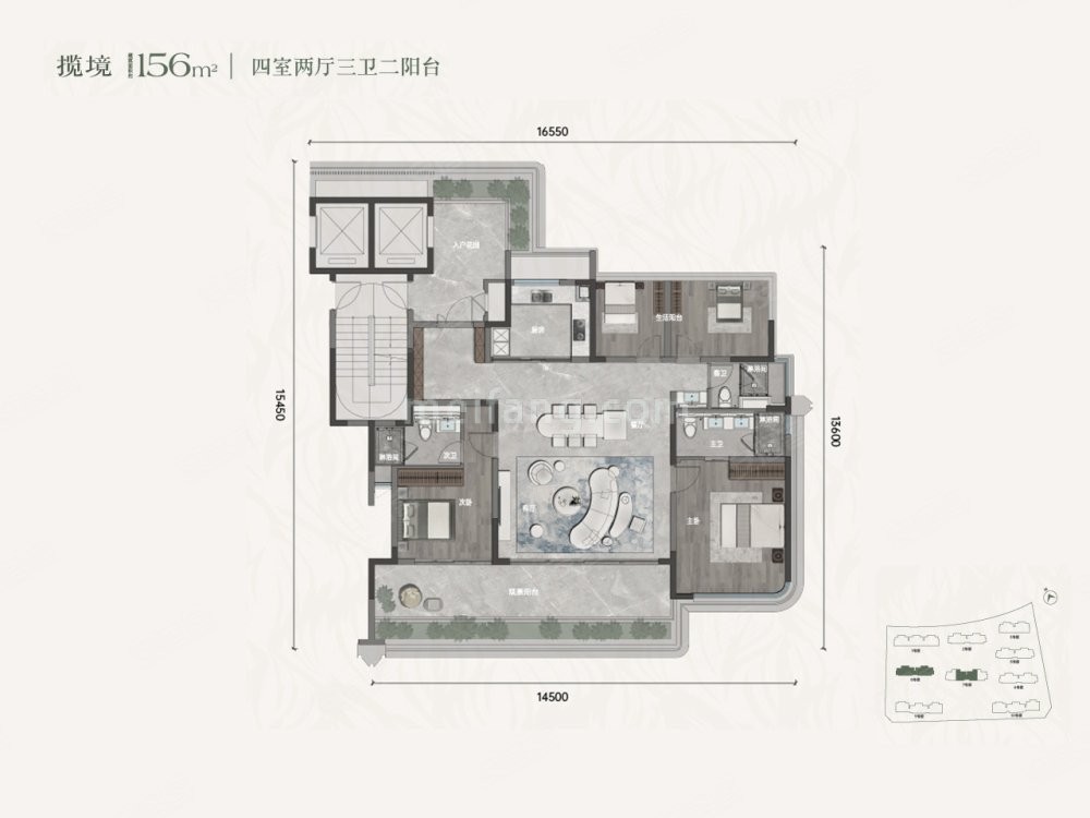 小高层 建面约156㎡四房两厅三卫（揽境）