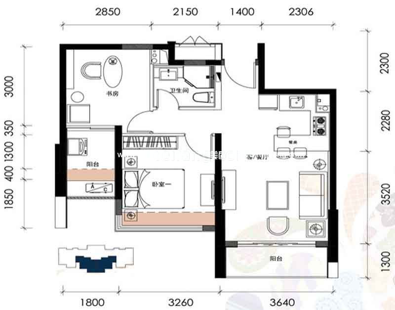 D1-2户型 2室1厅1卫 建面60㎡