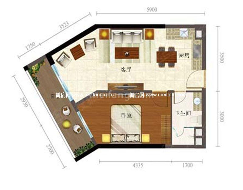 01A户型 1室1厅1卫1厨 建面66㎡