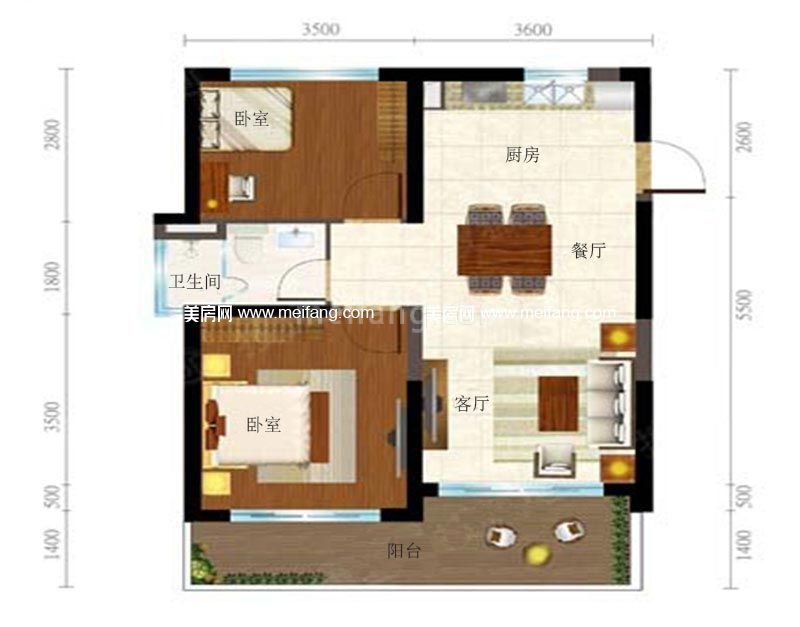 02户型 2室1厅1卫1厨 建面83㎡