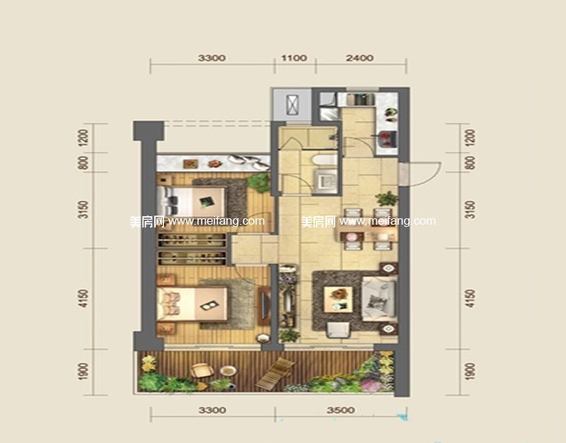 云品公寓b户型 2房2厅1卫 建面83㎡