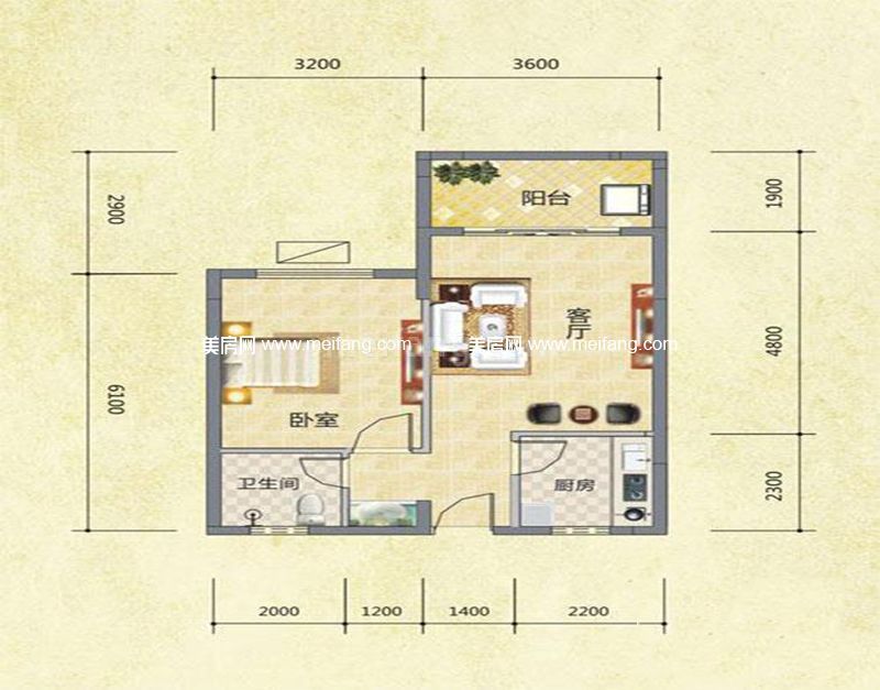 圣煜颐山居02户型 1室1厅1卫1厨 建面59.64㎡