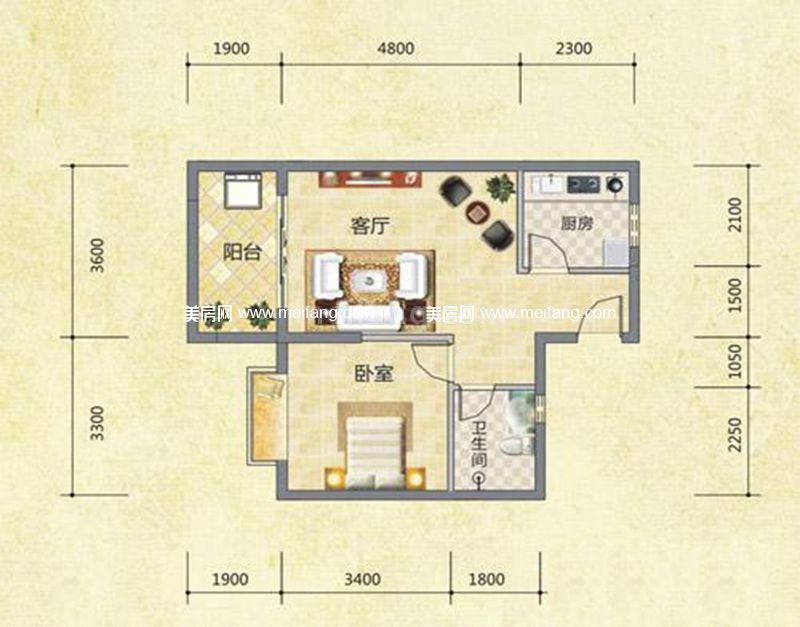 圣煜颐山居03户型 1室1厅1卫1厨 建面56.91㎡
