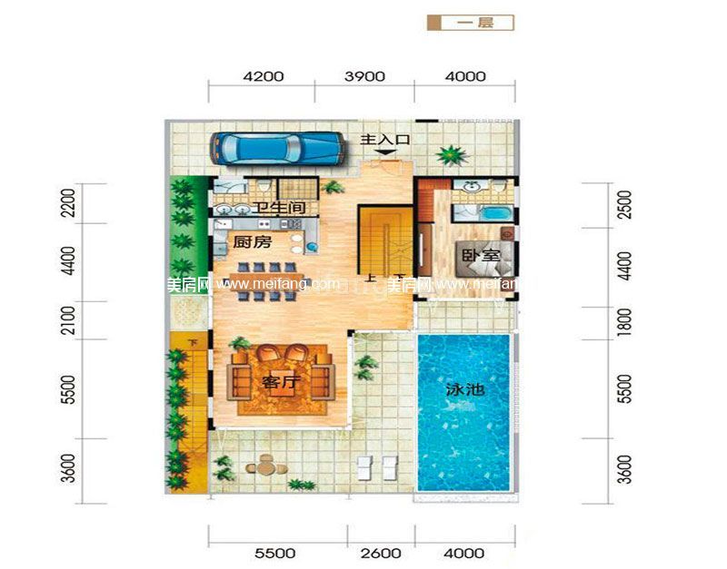 别墅户型3一层 5室4厅6卫1厨 建面348㎡
