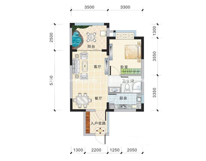 B户型1室2厅1卫1厨 建面60.70㎡