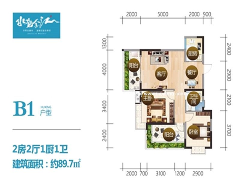 水韵金江 B1户型 2房2厅1厨1卫 建面89.70㎡