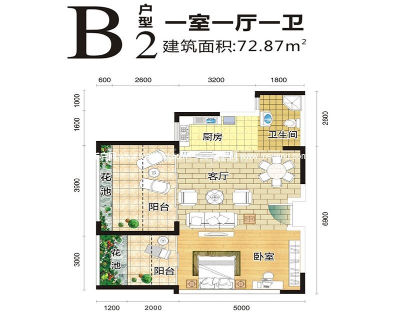 B2户型 1室1厅1卫1厨  建面72.87㎡