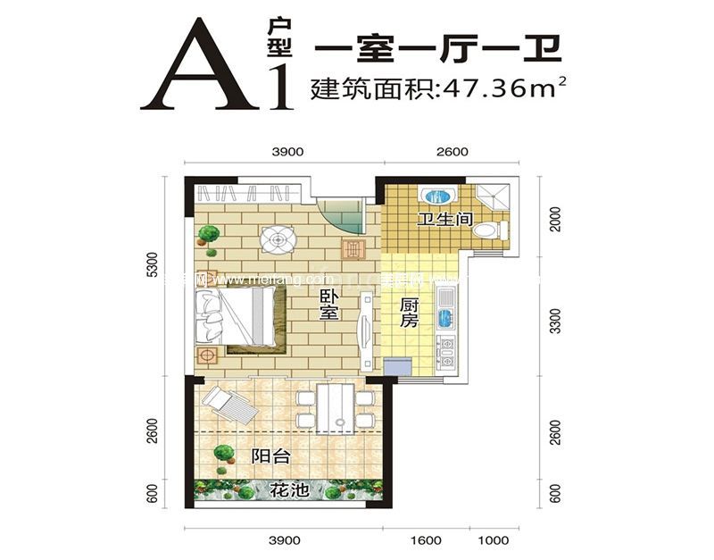 A1户型 1室1厅1卫1厨   建面47.36㎡