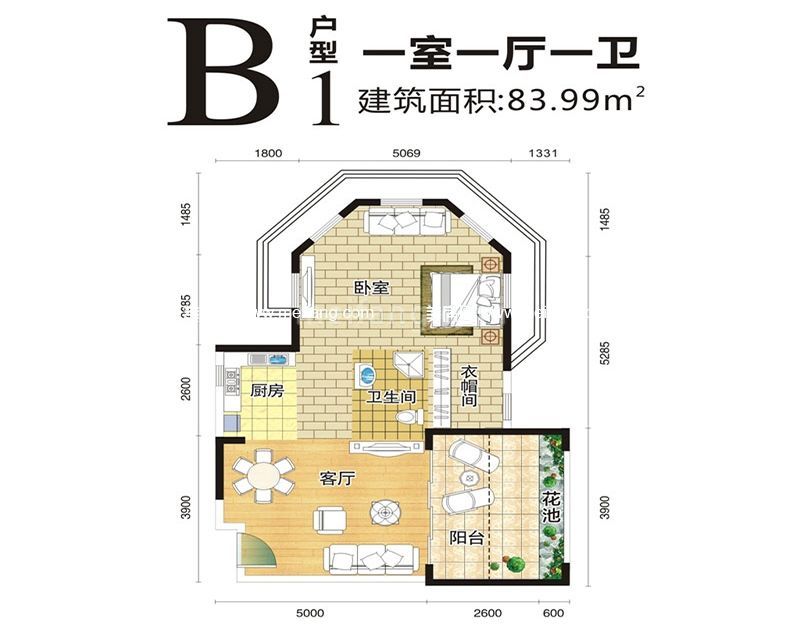 B1户型 1室1厅1卫1厨   建面83.99㎡