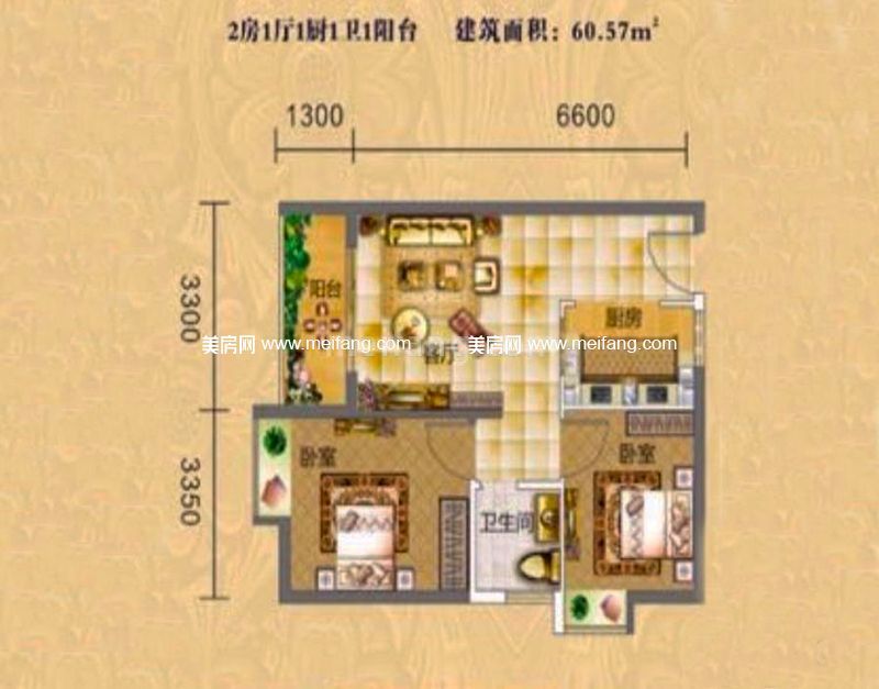 圣煜颐山居E2-1户型 2室1厅1卫1厨 建面60.57㎡