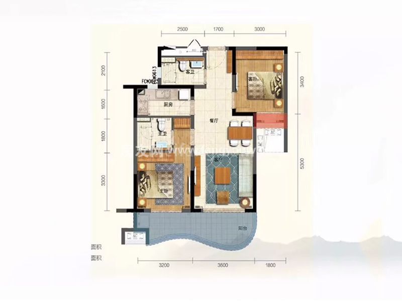 B2户型 2房2厅2卫1厨 建面86㎡