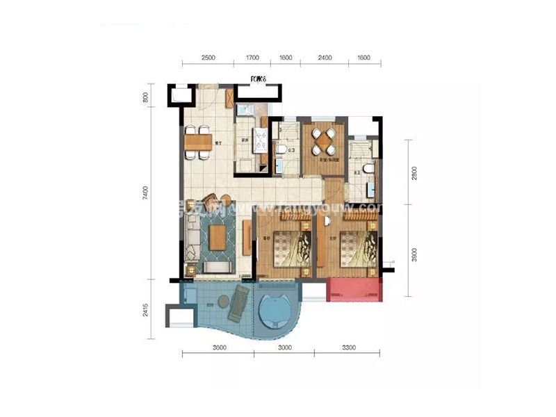 A2户型 3房2厅2卫1厨 建面96㎡