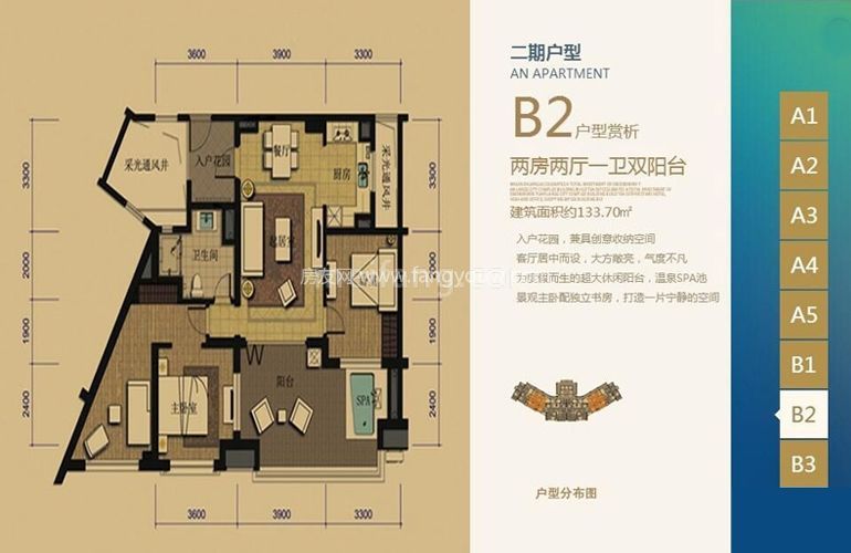 B2户型  2房2厅1卫2阳台 建面133㎡