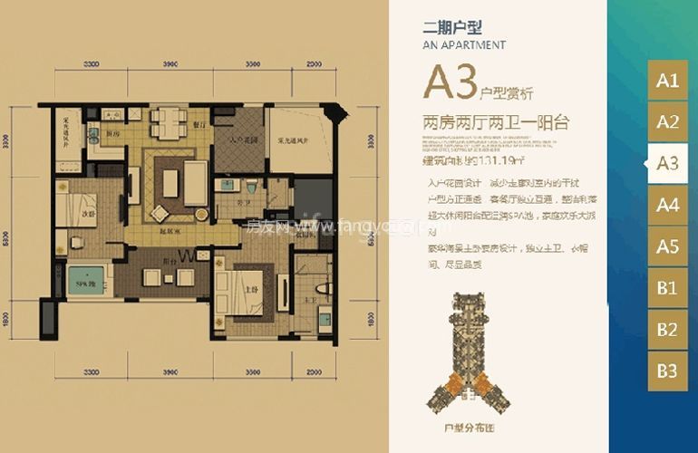 A3户型 2房2厅1卫2阳台建面131㎡