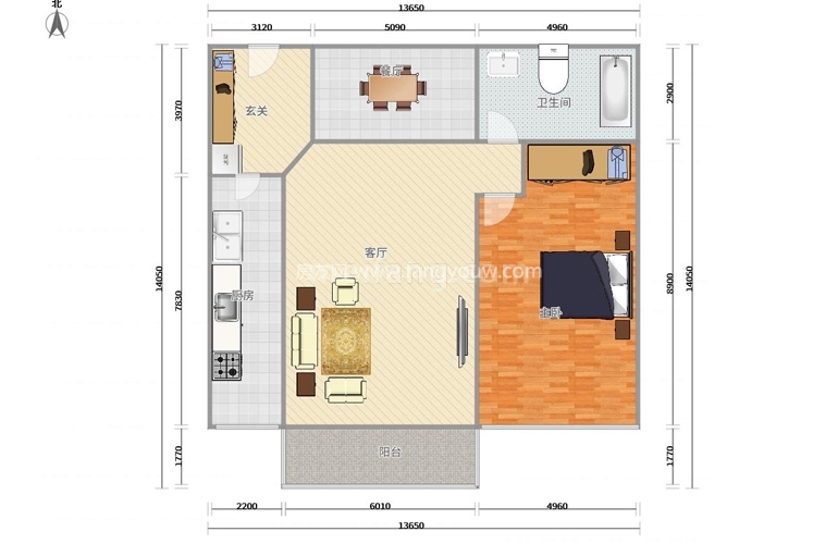 A户型 1室1厅1厨1卫 建面55㎡