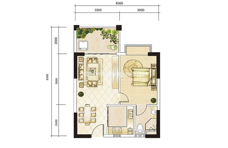 B户型 1室1厅1卫 建面55㎡