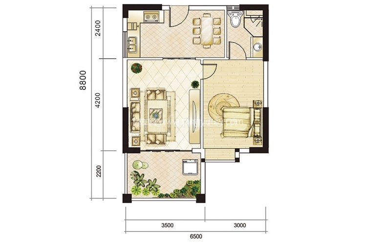 C户型 1室1厅1厨1卫 建面60㎡