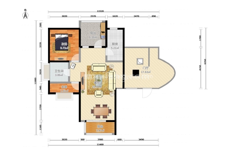 B户型 2室1厅1厨1卫 建面60m&sup2;