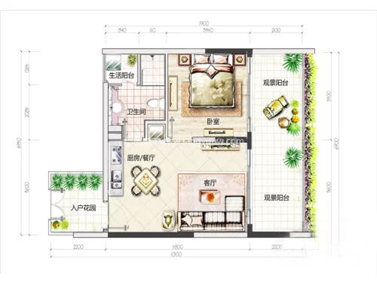 A户型 1室2厅1卫1厨 建面58㎡